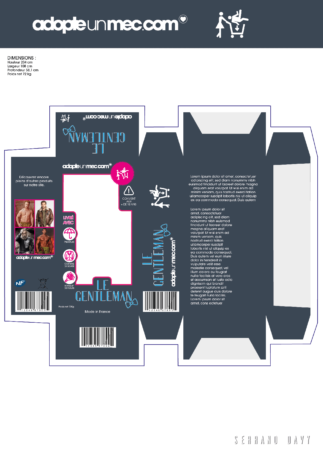 Gabarit du packaging adopte un mec